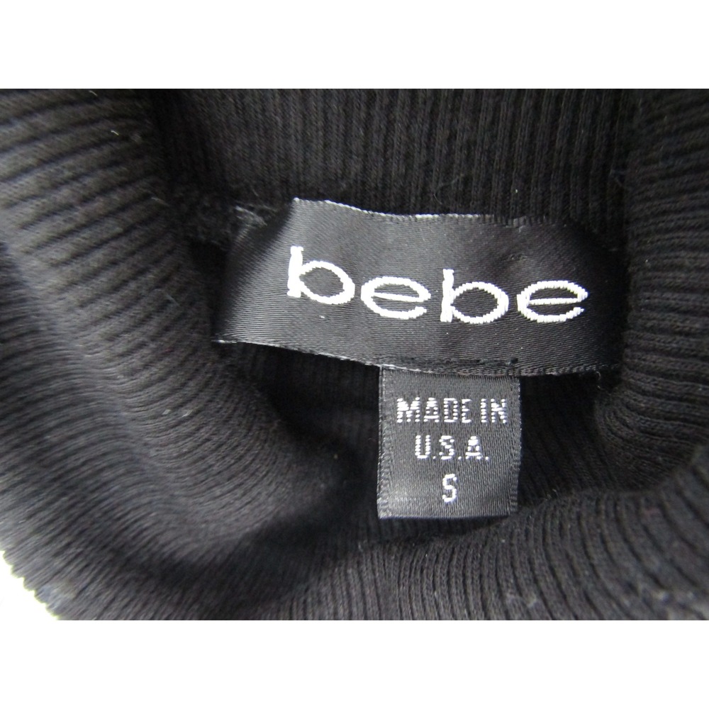 bebe Turtleneck Top Womens Small Black Rhinestone Logo Ribbed Long Sleeve - Picture 7 of 11